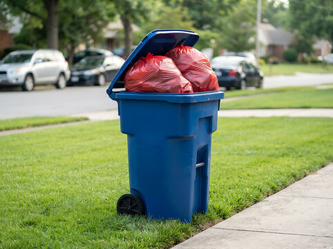 Blue Trash Bin Filled with Red Garbage Bags on Green Grass in Outdoor Setting