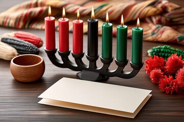 Fototapeta premium Kwanzaa kinara with lit red, black and green candles on a dark wooden table for celebration