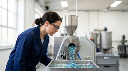 Obraz premium Female technician checks colorful recycled plastic granules falling from extruder into tray in modern sustainable production workshop