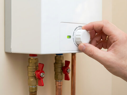 Closeup of a person adjusting a water heater temperature dial