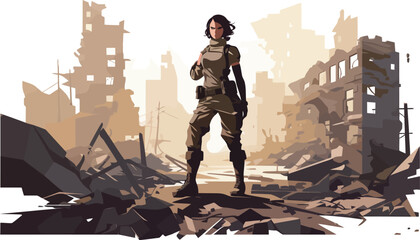 Fototapeta premium Woman soldier in ruined city isolated