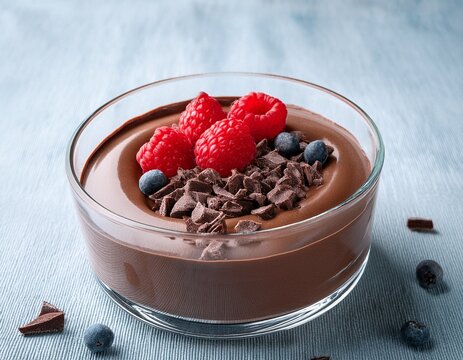 mousse de chocolate com frutas vermelhas e nibs de cacau em taca de vidro
