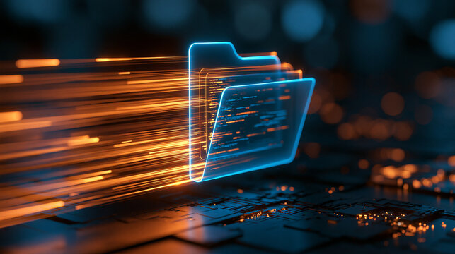 A glowing digital folder icon transfers data with fast orange light streaks. Ideal for cybersecurity, cloud computing, and big data technology marketing concepts.