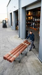 Fototapeta premium Worker pushing cart with copper pipes into warehouse loading bay, modern industrial building exterior