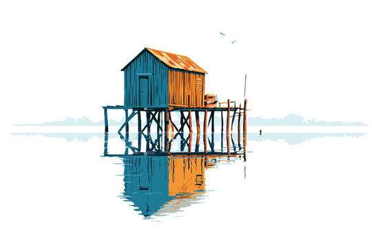 Wooden Boat House on Lake with Reflection isolated