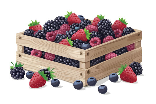 Wooden crate filled with berry mix isolated