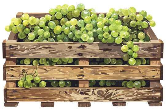 Wooden crate filled with green grapes isolated