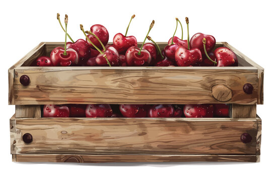 Wooden crate filled with cherries isolated
