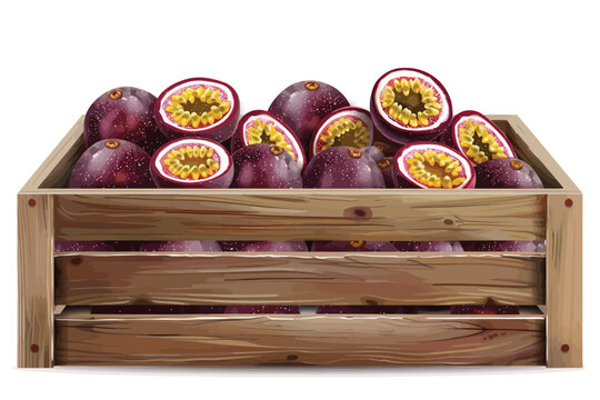 Wooden crate filled with passion fruits isolated