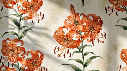 Fototapeta premium Seamless pattern with orange tiger lily flowers on beige background. Decorative floral wallpaper design for interior decor. Spring blossom botanical print features bright lilies with green leaves,