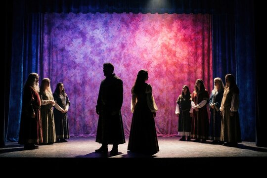 Medieval actors on stage with colorful backdrop perform drama. Figures in antique garb enact scene of love, conflict under dramatic lighting. Visual story of human relationships unfolds in historical