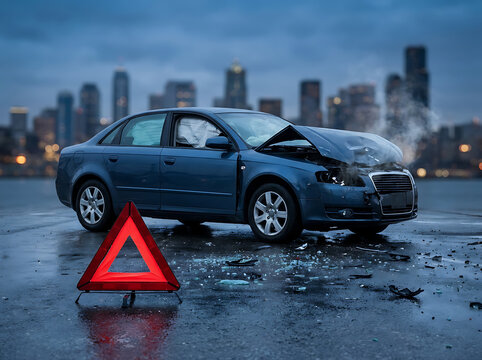 Damaged car accident scene on city street during evening