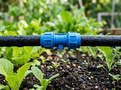 Drip irrigation system watering fresh vegetable garden plants