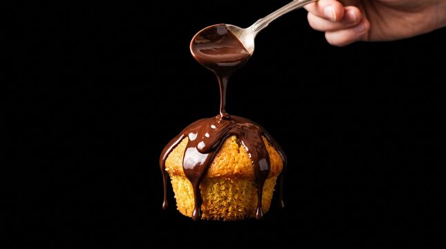 Chocolate sauce pouring from spoon onto golden muffin against black background for bakery advertising or dessert menu decoration with rich liquid texture detail.