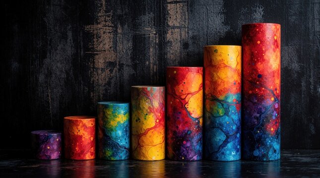 Colorful abstract cylindrical shapes ascend in size against dark textured background, resembling growing bar chart vibrant abstract art piece. Visual implies progress, data visualization, creative