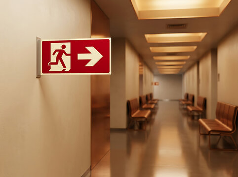 Emergency Exit Sign Pointing Down Hallway With Seating