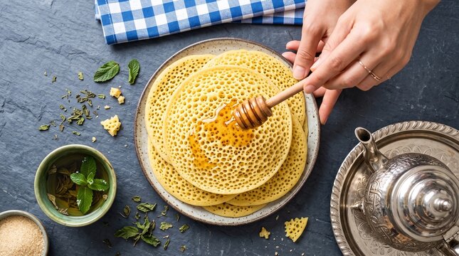 Golden msemen crepes stacked high and drizzled with honey, served with mint tea and sugar, a delightful Moroccan breakfast or dessert treat.