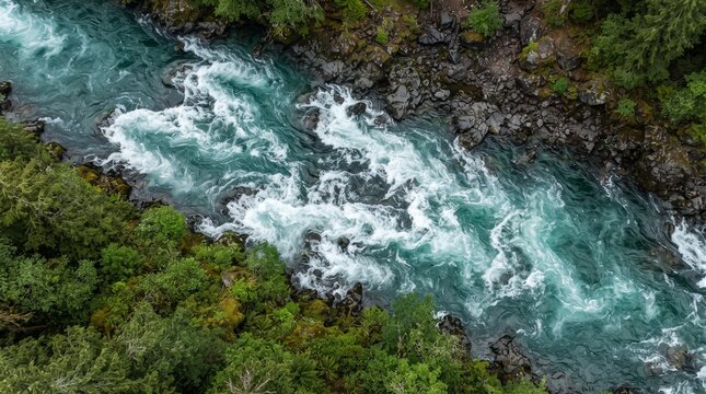 Aerial View of Turquoise River with Whitewater Rapids and Green Surroundings
