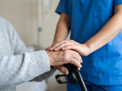 Nurse Assisting Elderly Person Holding Walker For Support
