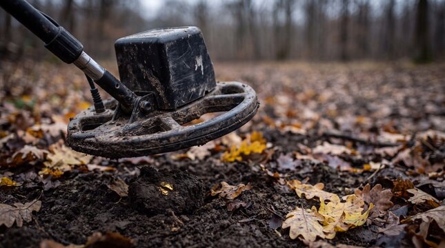 Close-up of a metal detector finding a gold coin in the soil of an autumn forest during a treasure hunting adventure.
