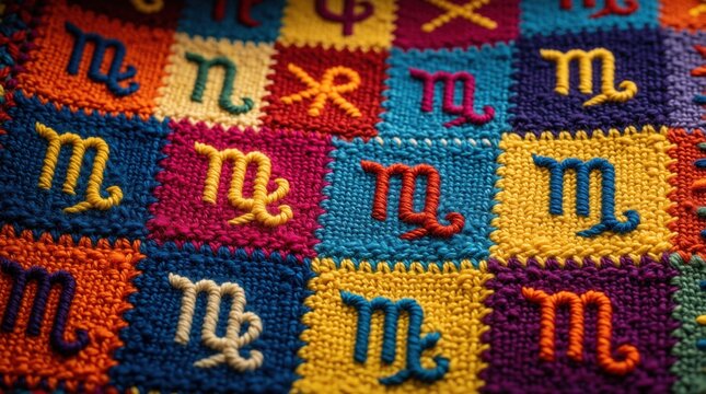 Colorful woven textile features embroidered zodiac symbols. Detailed horoscope pattern showcases traditional handicraft. Celestial signs form abstract background design for mystical themes.