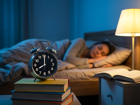 Person Sleeping Peacefully Next To Alarm Clock And Books
