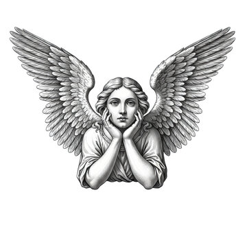Detailed engraving of a six-winged seraph with its head resting on hands in contemplation against a white background concept of divine serenity