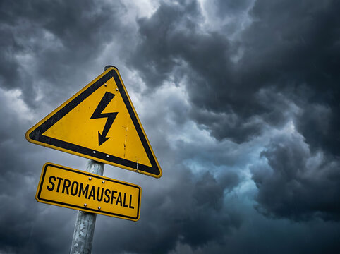 Yellow warning sign for power outage with stormy sky background
