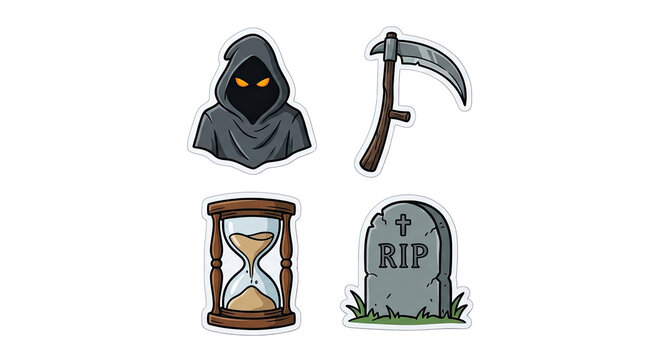 A spooky collection of halloween icons featuring a grim reaper scythe hourglass and tombstone isolated on transparent background
