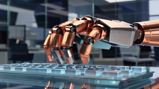 A copper-connected arm of a robotic android types on a futuristic glass keyboard. Close-up shot against a office backdrop with shallow depth of field.