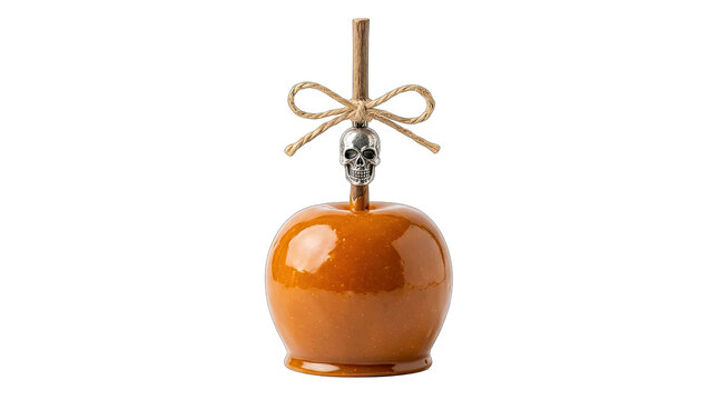 A delightfully spooky halloween caramel apple with a skull accent isolated on transparent background