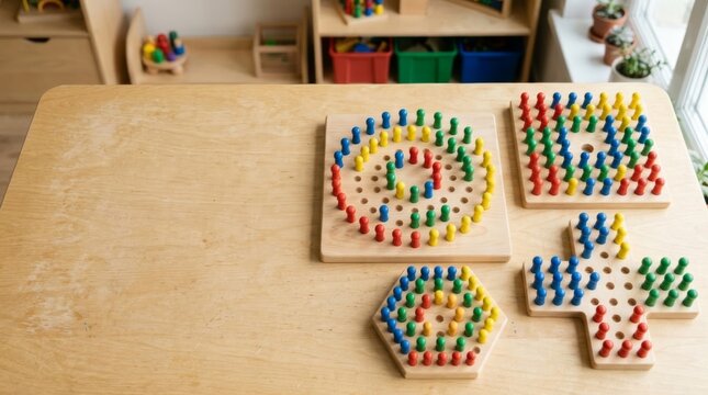 Colorful wooden peg solitaire boards arranged on a bright classroom table for early learning and fine motor skill development.