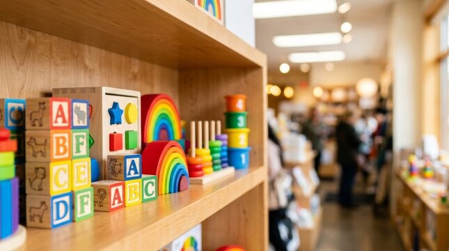 Wooden educational toys arranged on a clean store shelf with vibrant colors, ideal for learning and development