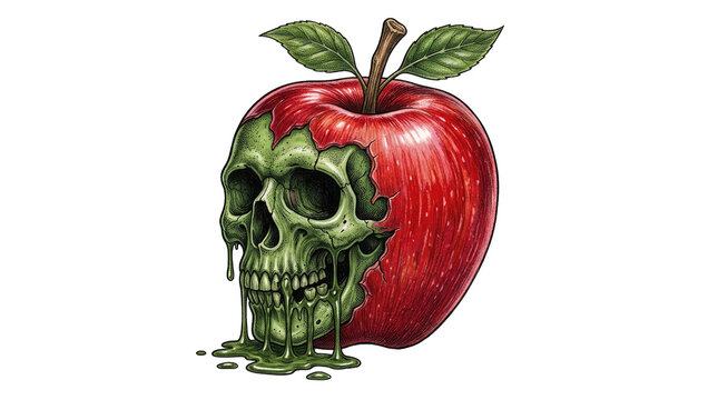 A chilling halloween illustration featuring a skull emerging from a vibrant red apple isolated on transparent background