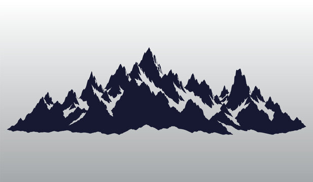 Silhouette vector illustration of rugged mountain range with sharp rocky peaks and snow covered ridges against light background, panoramic landscape graphic design element.