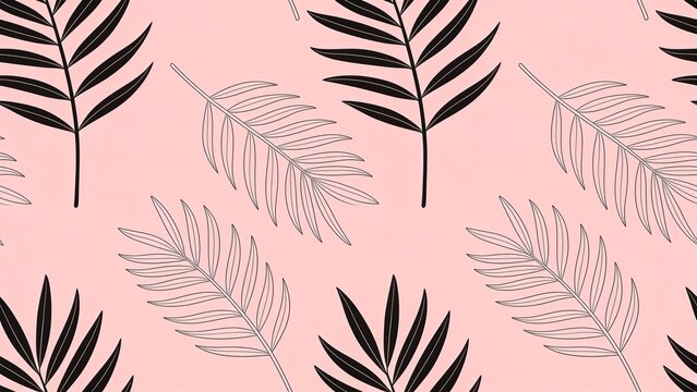 Seamless tropical pattern with hand drawn palm leaves and foliage silhouettes on a pastel pink background leaf print vector illustrati