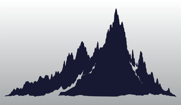 Rugged mountain range silhouette with sharp rocky peaks and ridges, dark blue alpine landscape graphic vector isolated on a smooth gradient background.