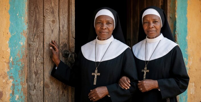 Two African nuns stand by a rustic wooden church door. One nun rests her arm on the other, showing sisterhood and faith. Their traditional habits and crucifixes denote religious devotion.