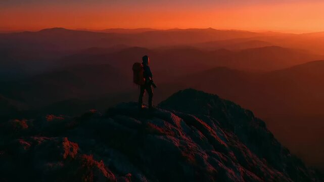 A silhouette of a person standing atop a rocky outcrop, overlooking a breathtaking landscape at sunset. The sky is painted in hues of orange, pink, and purple, with the sun casting a warm glow over.