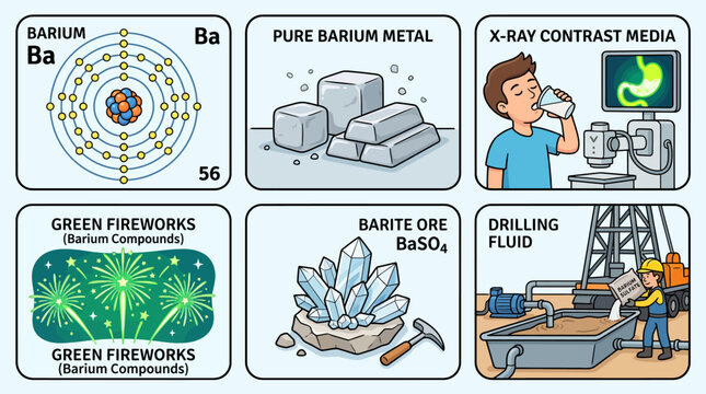 Barium element educational infographic showing pure metal, X-ray contrast media, green fireworks, barite ore, and drilling fluid applications