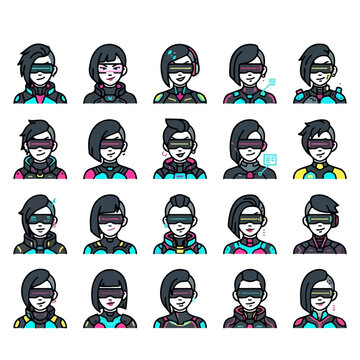 Cyberpunk gamers avatar icon set with futuristic VR headsets for metaverse gaming profile design, AI-generated illustration