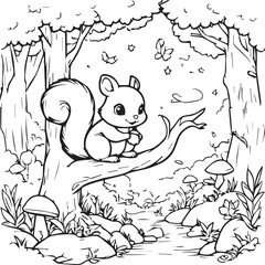 Fototapeta premium Charming squirrel holding an acorn perched on a tree in a lush forest coloring illustration with cute squirrel acorn nut tree branch line art grass rocks