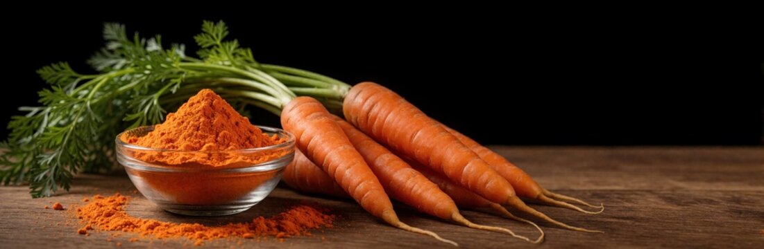 Bright orange carrot powder in a bowl next to fresh carrots with green tops. Root vegetables and spice on wooden table. Healthy cooking ingredient for recipes and meals.