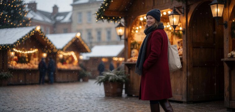 Woman walking through a cozy Christmas market scene with falling snow, illuminated by warm lantern light.