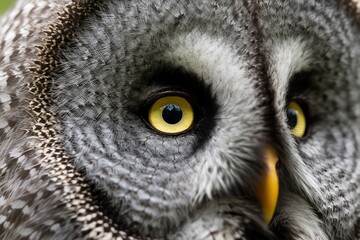 Naklejka premium Great grey owl closeup shows detailed texture of feathers and bright yellow eye. Nocturnal bird shows sharp vision and intense stare in studio shot.