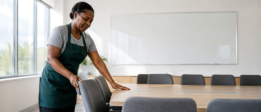 Female office cleaner arranging chairs in bright empty meeting room &mdash; green apron, grey chairs, morning light, essential work, dignity
