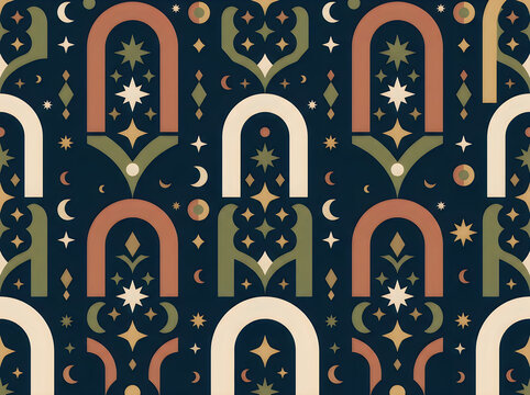 Mid century modern seamless pattern with arches and magical symbols