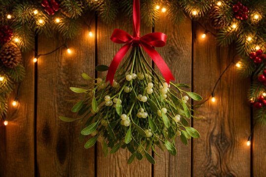 Mistletoe bunch tied with red ribbon against wooden background