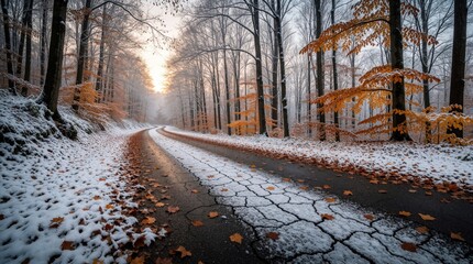 Obraz premium Road winds through snowy forest with scattered autumn leaves on cracked asphalt. Bare trees stand against a hazy sky with early sun glow. Seasonal transition, cold weather atmosphere.