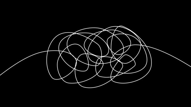 Animated white scribble line on black background: abstract chaos and complexity concept animation